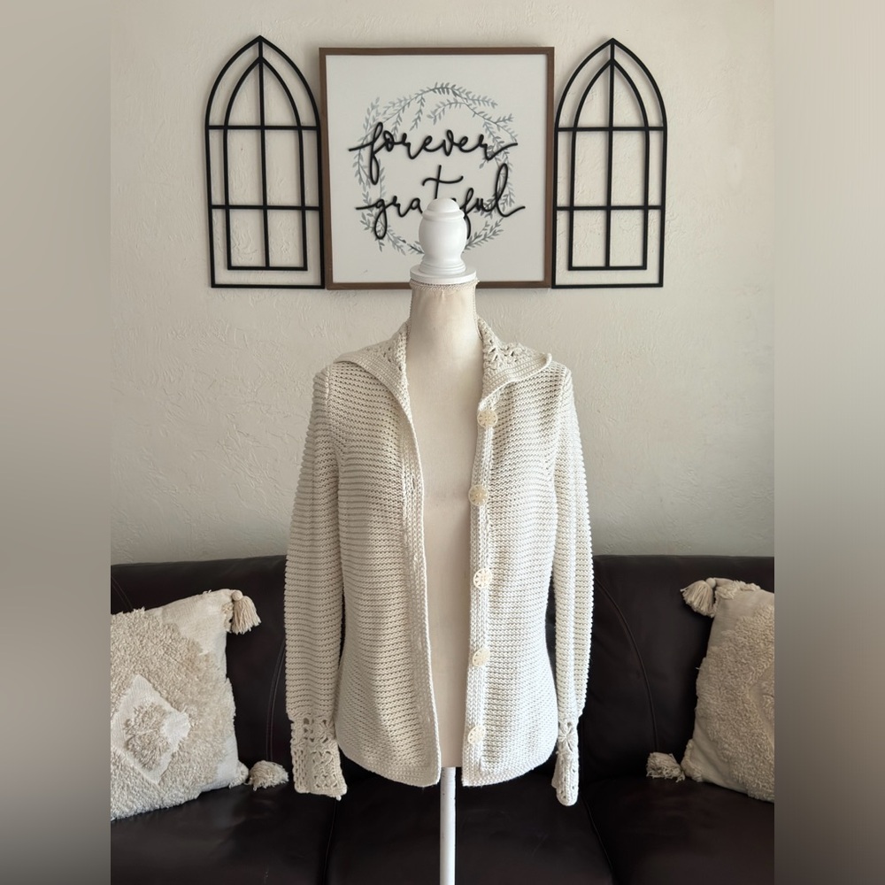 Vintage Liz Claiborne Beige Crochet Cardigan Sweater Size S Petite Hippie Boho